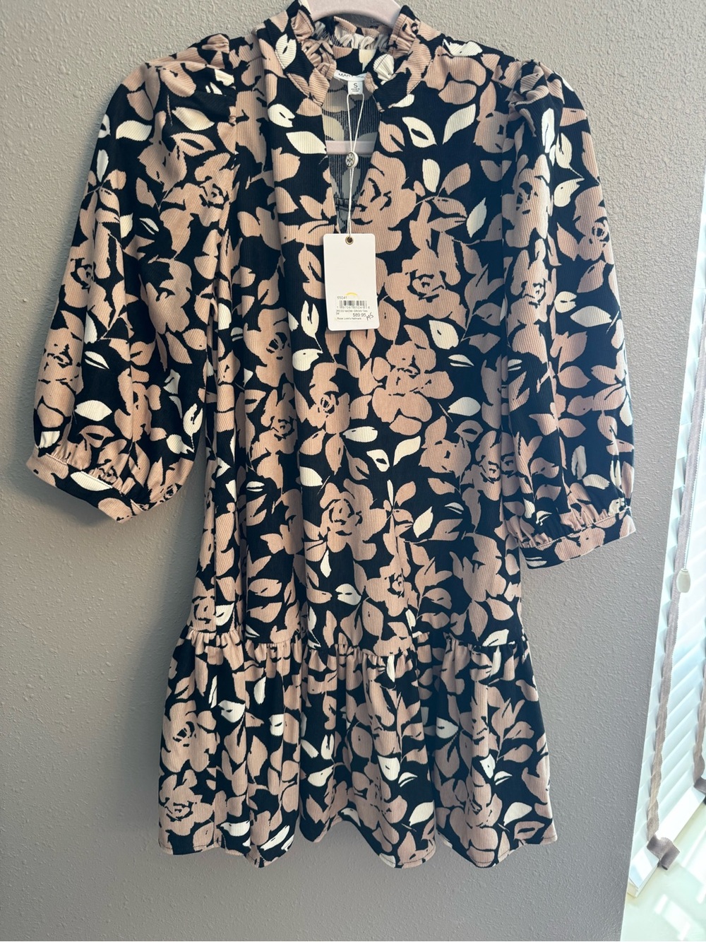 Ladies Black and Beige Floral Tiered Dress